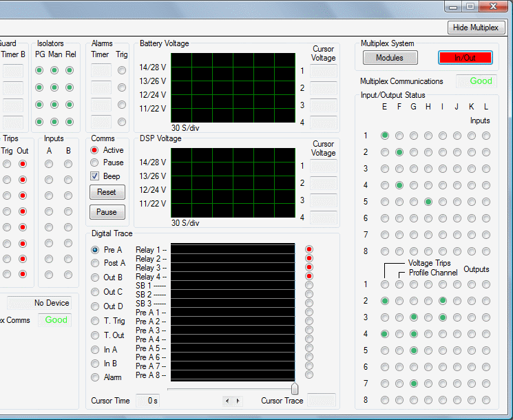 MultiPlex Display showing input/output status on the right